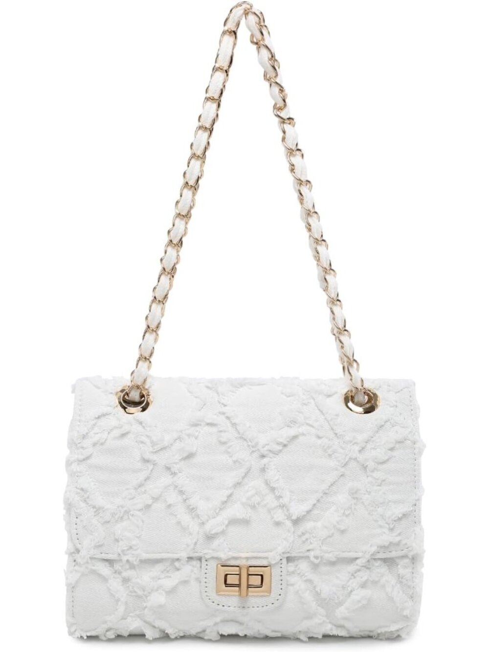 Women Denim Handbag Quilted Shoulder Purse with Chain Strap Twist Lock